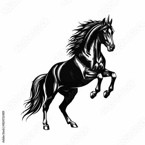 A powerful black stallion horse rearing up majestically.