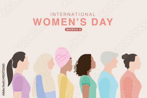 Vector illustration of a group of diverse multiracial women in conjunction with International Women's Day on 8 March