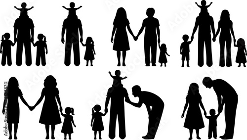 Family, parents, children, silhouettes, walking, togetherness, parenthood, childhood, bonding, unity, teamwork, people, group, companionship, caring, support, community, crowd, adults and kids, love, 