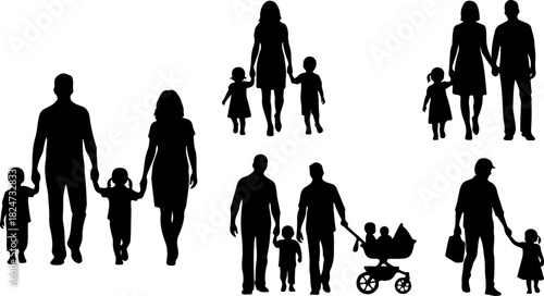 Family, parents, children, silhouettes, walking, togetherness, parenthood, childhood, bonding, unity, teamwork, people, group, companionship, caring, support, community, crowd, adults and kids, love, 