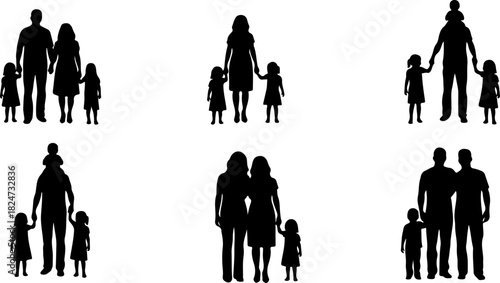 Family, parents, children, silhouettes, walking, togetherness, parenthood, childhood, bonding, unity, teamwork, people, group, companionship, caring, support, community, crowd, adults and kids, love, 
