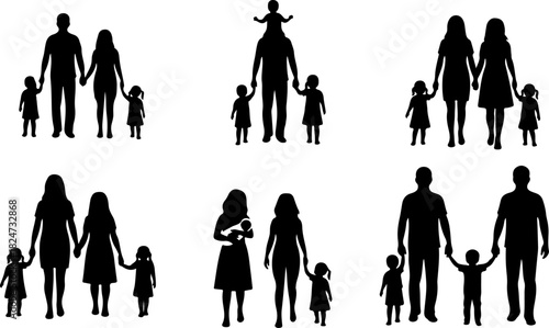 Family, parents, children, silhouettes, walking, togetherness, parenthood, childhood, bonding, unity, teamwork, people, group, companionship, caring, support, community, crowd, adults and kids, love, 