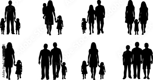 Family, parents, children, silhouettes, walking, togetherness, parenthood, childhood, bonding, unity, teamwork, people, group, companionship, caring, support, community, crowd, adults and kids, love, 
