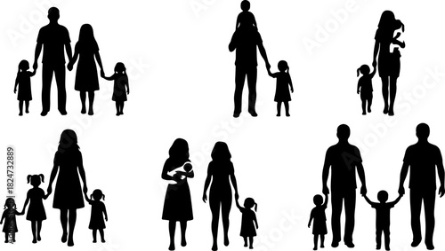Family, parents, children, silhouettes, walking, togetherness, parenthood, childhood, bonding, unity, teamwork, people, group, companionship, caring, support, community, crowd, adults and kids, love, 