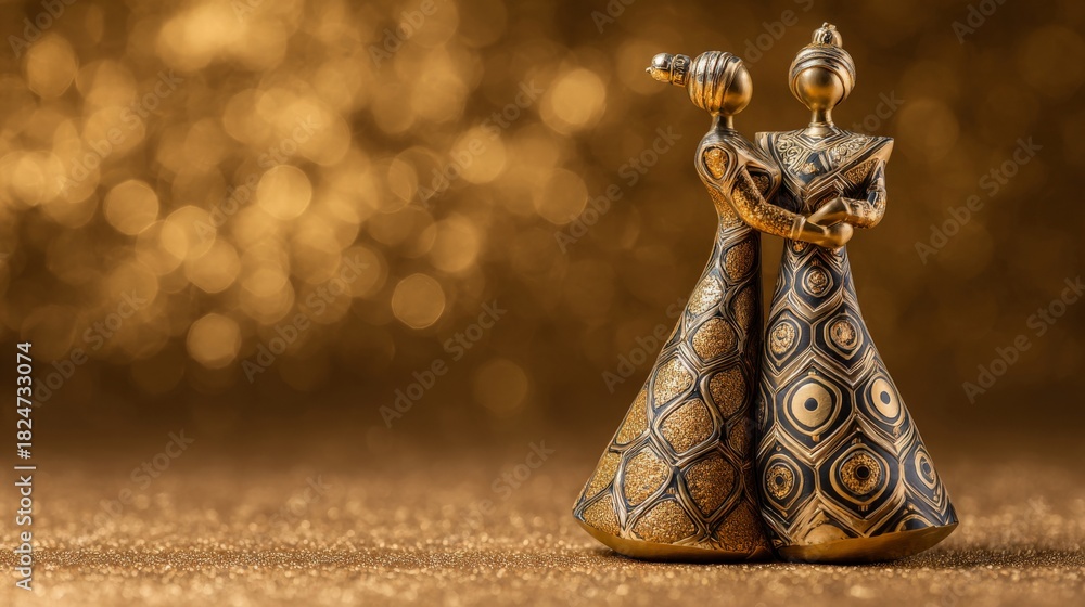 Obraz premium A golden ornate figurine of a couple in traditional attire, set against a soft glowing bokeh background with dramatic lighting.