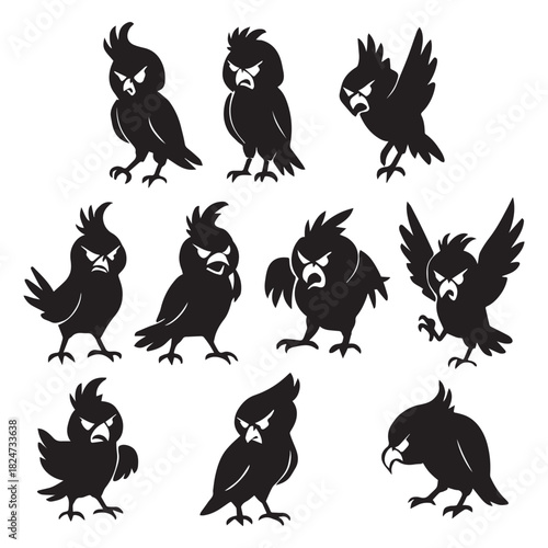 Angry and furious kakatoya silhouettes in bold black, each expressing unique rage through posture and feathers