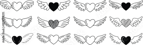 Collection of twelve black and white winged heart vector icons, romantic tattoo design symbols, love and freedom minimalist line art illustration