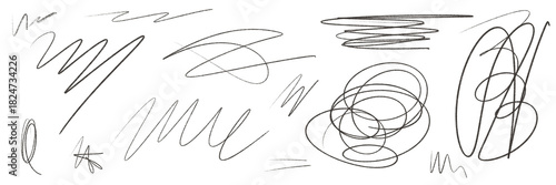 Black graphite pencil strokes isolated on transparent background.