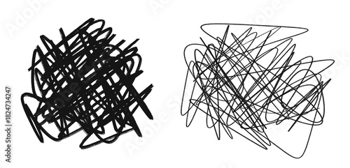 Set of chaotic abstract scribbles in black ink on a white background, hand-drawn sketch elements