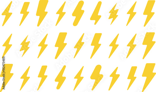 Collection of yellow lightning bolt icons in various styles, bold electric thunder shapes, modern flat energy design symbols illustration