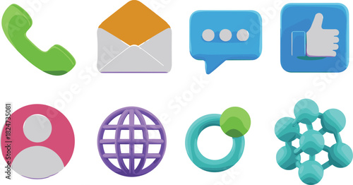 Colorful 3D social media and communication icon set including phone, email, chat, like, user, globe, network, connection symbols