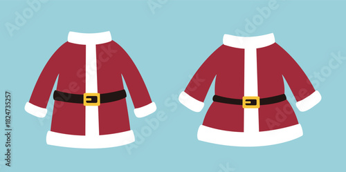 Cute red Santa coat flat vector illustration set.
Santa Claus costume clipart.
Traditional santa claus clothes. 