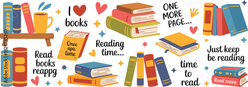 Colorful flat cartoon illustration of stacked books, coffee cup, bookshelf, reading quotes and motivational phrases promoting love for reading