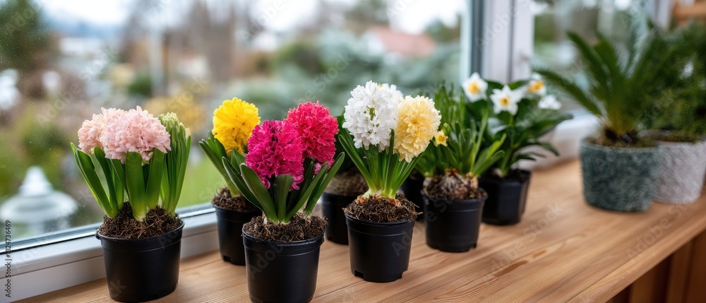 Fototapeta premium Colorful spring flowers bring life to a sunny window sill with blooming hyacinths and daffodils in vibrant pots