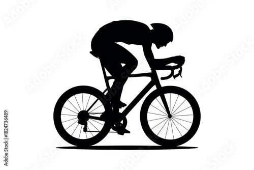 Silhouette of a cyclist in a racing position on a bicycle.