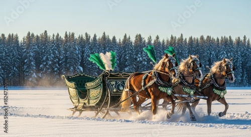 Majestic Horses Sleigh Ride Across Winter Snowscape
