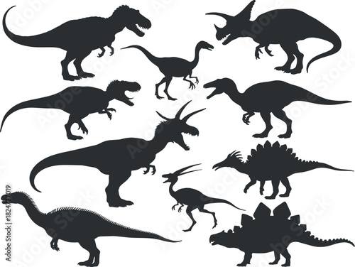 Collection of Prehistoric Dinosaur Silhouettes Featuring Extinct Mesozoic Creatures