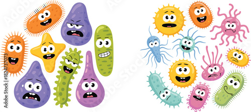 Cute colorful bacteria and virus cartoon characters illustration, funny germs and microbes with expressions, science biology education concept background