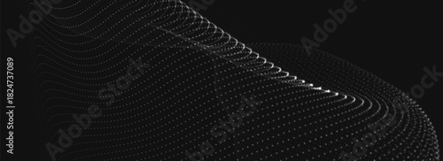 An abstract black and white dynamic wave. Streams of bright dots form smooth waves against a dark background. The radiating light creates a sense of depth and elegance. Futuristic 3D dot wave.