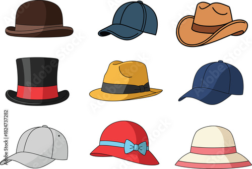 Diverse collection of hats including bowler, top hat, baseball caps, cowboy, and fedora, representing fashion, accessory, style, headwear, and apparel set vector illustration.