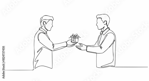 Line Art Illustration of Two Men Exchanging a Gift.