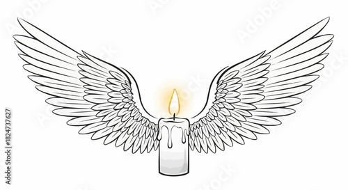 Winged candle illustration with bright flame and detailed feather design.