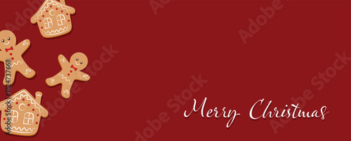 Merry Christmas banner, cards or background, design template. Homemade gingerbread man cookie theme concept, holiday fair and sale. Vector illustration.