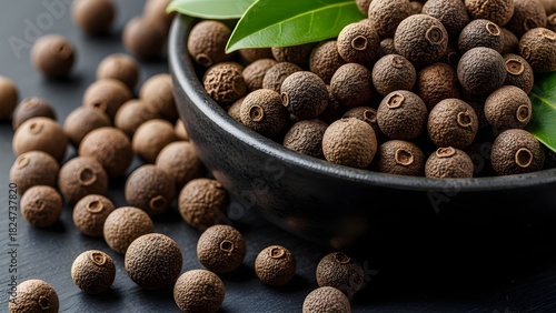Allspice berries in a black bowl with green leaf on dark background