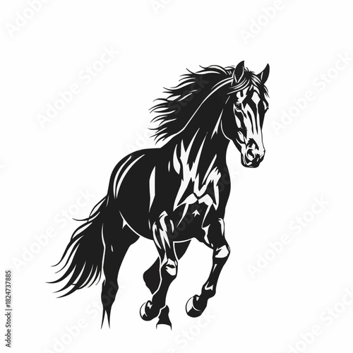 Majestic Black Horse Galloping with Flowing Mane and Tail.