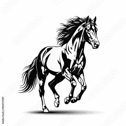 Majestic Galloping Horse Black and White Illustration Dynamic Pose.