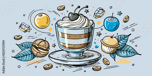 A dessert glass with cream and cherry surrounded by coffee beans and sweets illustration