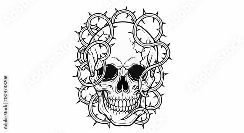 Skull encircled by thorny vines a stark monochrome illustration.