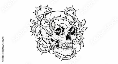 Monochrome line art illustration of a human skull with thorny vines.