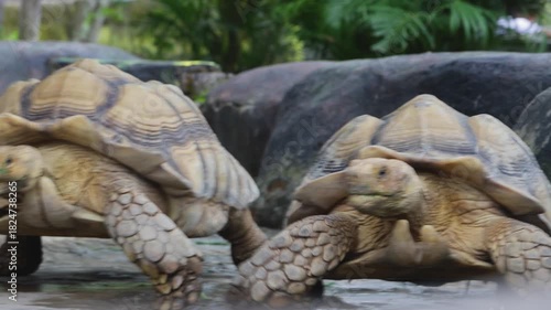 Two African Spurred Tortoises Walking Forward on Wet Ground in Natural Habitat