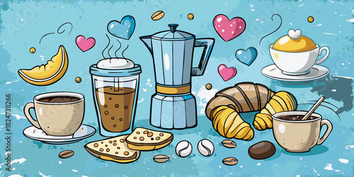Illustration of coffee cups, coffee maker, croissant, and hearts on a textured blue background