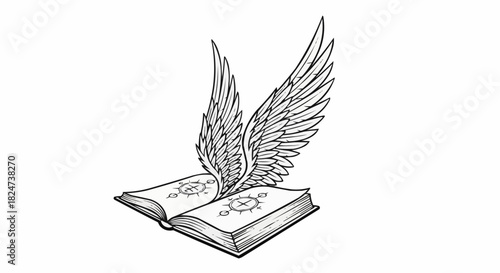 Open book with wings soaring high representing knowledge and wisdom.