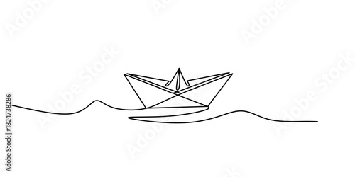 One continuous line drawing of paper boat. Origami ship concept. Paper boat in the sea one line art drawing.
