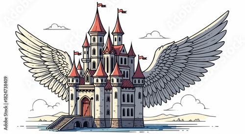 Whimsical Flying Castle with Majestic Wings in Detailed Illustration.