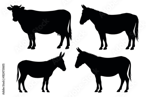 Silhouette of a cow and two donkeys are shown against a white background.