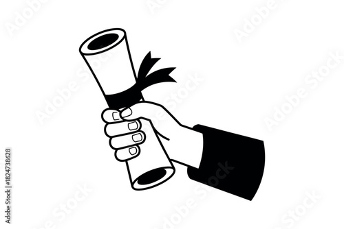 A hand in a suit sleeve holds up a diploma or certificate tied with a ribbon.