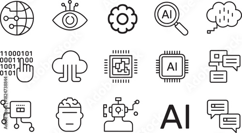 Artificial Intelligence and Technology Icons Set with AI Brain and Cloud Keywords: artificial