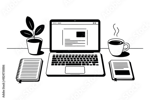 A laptop, notebook, plant and coffee cup are arranged on a desk.