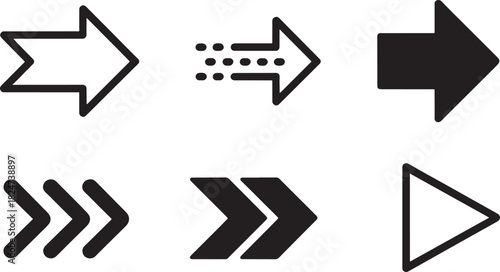 Assortment of black and outlined arrow icons and play symbol right forward