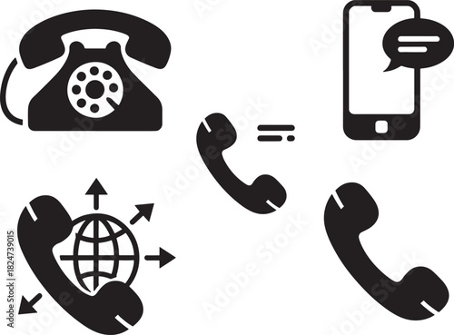 Assortment of black icons depicting various telephone communication methods call