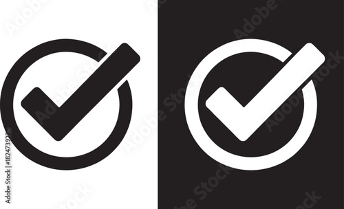 Black and white checkmark in circle icons for approval and confirmation tick symbol