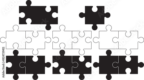 Black and white puzzle pieces arranged in a pyramid formation jigsaw connection