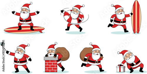 Set of Funny Active Santa Claus Poses: Surfing, Running, Selfie, Chimney Delivery, and Lifeguard, Christmas Holiday Vector Illustration