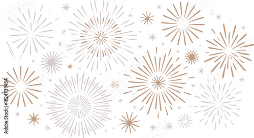 Decorative illustration of golden and white fireworks bursting in dark night sky, festive celebration background for holiday and events