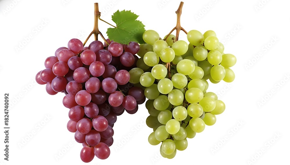 Fototapeta premium Two bunches of fresh ripe red and green grapes hanging from stems with a single green leaf against a white background