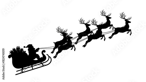 Silhouette of Santa Claus riding his sleigh pulled by reindeer, a classic Christmas holiday vector illustration isolated on white